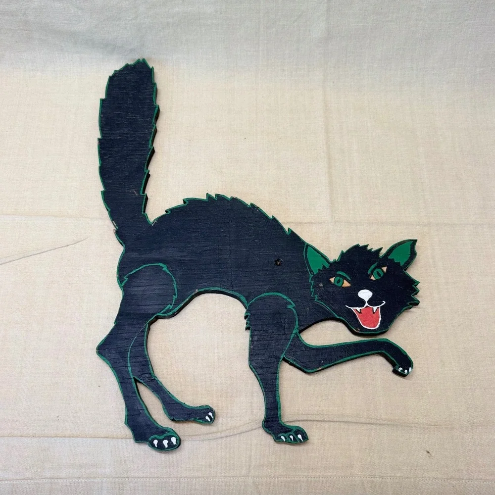 Vintage Black Halloween Cat Wall Hanging Folk Art Wood Decor 13